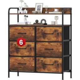 Feonase 6 Drawer Fabric Chest Of Drawers, Double Wooden Top Fabric Storage Tower - Sturdy Steel Frame Dresser for Bedroom/Living Room/Baby Room, Large Capacity Storage Organizer (Rustic Brown)