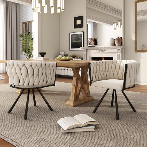 Merax Dining Chairs Set of 2, Modern Upholstered Seat for Kitchen, Living Room, or Bedroom, Featuring a Light Luxury Leisure Swivel Design with Sturdy Metal Legs and Soft Velvet Upholstery, Beige