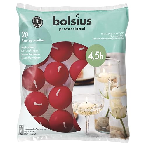 Bolsius Floating Candles - Red - Pack of 20 - Diameter 45 mm - Length Burning Time 4.5 Hours - Praffin Wax - Without Palm Oil - Decorative Household Candles