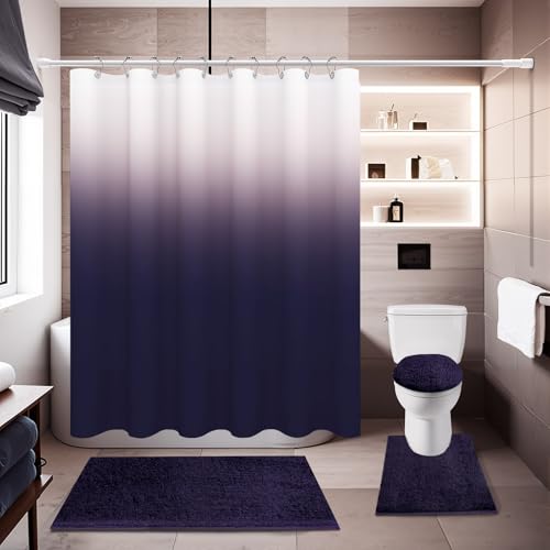 Baahrnom 4 Pcs Gark Purple Shower Curtain Sets with Rugs Solid Bathroom Sets with Shower Curtain and Rugs and Adjustable Toilet Lid Cover for Luxury Bathroom Decor