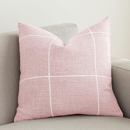 "vctops Rustic Lattice Cotton Linen Decorative Throw Pillow Cover Embroidery Square Cushion Cover Pillowcase for Sofa Bedroom Couch (Plaid Pink, 20""x20"")"