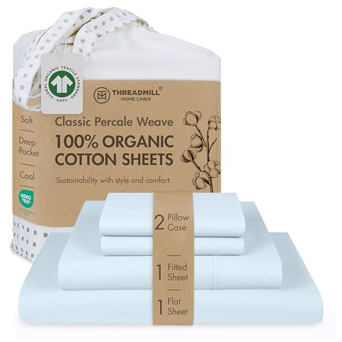 "Threadmill 100% Organic Cotton Flat Sheet,Queen Size 4 Piece Light Blue,Certified by GOTS,Soft and Cooling Sheet Set with Reusable Pocket,Snug Fit with 16"" Deep Pocket,Ultra Light and Eco-Friendly"