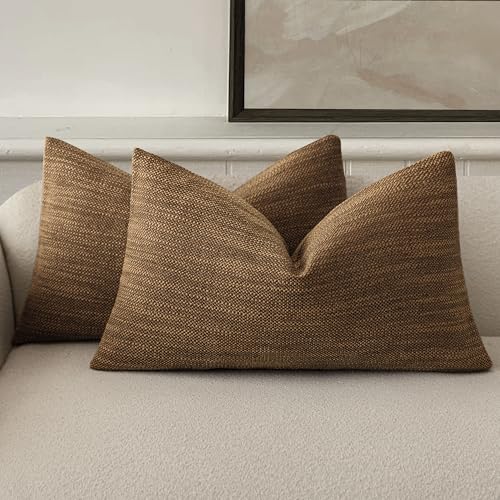 Foindtower Set of 2 Decorative Textured Burlap Linen Throw Pillow Covers Farmhouse Boho Lumbar Cushion Cover Solid Accent Pillowcase for Couch Sofa Bed Living Room Home Decor,12??20 Inch,Golden Brown