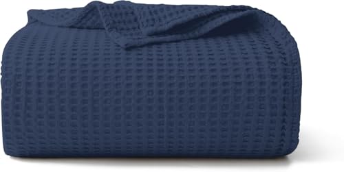 100% Cotton Waffle Blanket (Navy Blue - Full Size - 84 * 90''), Pre-Washed and Anti-Shrinkage Soft Lightweight Bed & Couch Blanket, 380 GSM Waffle Weave Throw Blanket for All Seasons