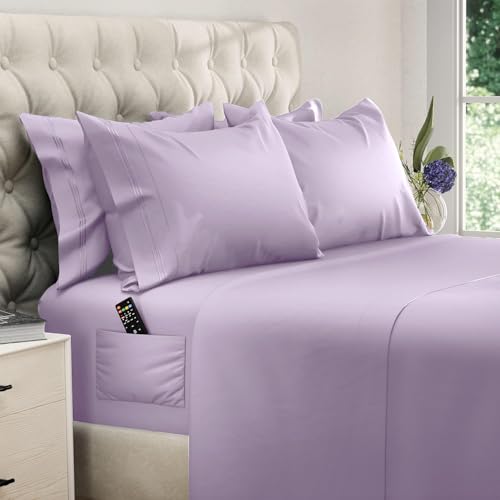 DREAMCARE King Size Bed Sheets - 6 PCS King Bed Sheets - Up to 15 Inch - Extra Soft - Hotel Draps Lit King Sheets Set with Pillowcases - Wrinkle & Fade Resistant (King, Lavender)
