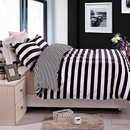 NTBAY 3 Pieces 100% Brushed Microfiber Striped King Duvet Cover Set, Super Soft Black and White Printed Reversible Design Zippered Comforter Cover with Ties and 2 Oxford Pillowcases (King, Stripe)