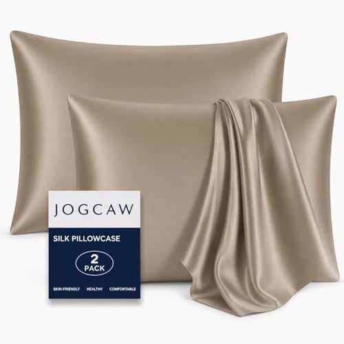 Jogcaw 2 Pack Silk Pillowcase for Hair and Skin, Soft Breathable Smooth Cooling Mulberry Silk Pillow Case Set of 2, Both Sides Grade 6A Silk Pillow Covers with Hidden Zipper (Taupe, Standard), 24001