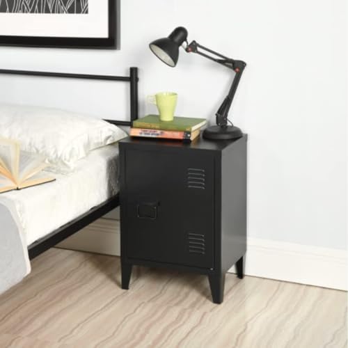FurnitureR Industrial Metal Storage Cabinet Living Room Sofa End Side Table, Black 1 Door Removable Shelf Detachable Legs，Stackable