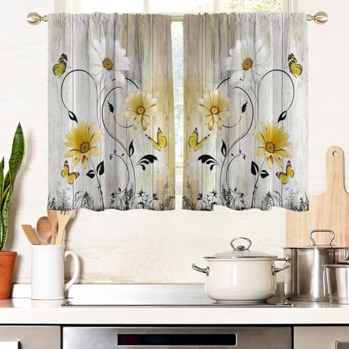 "AAtter Yellow Floral Kitchen Curtains, 27.5"" W x 45"" L, 2 Panels Rod Pocket - Mustard and White Vintage Window Drapes, Cute Farmhouse Daisy Butterfly, Country Rustic Sunflower, Small Short Bathroom Tiers"