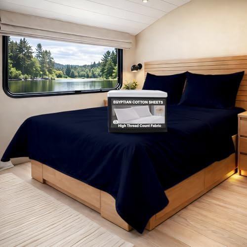RV King 72 x 80 Cotton Sheets - Soft 100% Egyptian Cotton, 400 Thread Count, Deep Pocket, 4 PCs - Navy