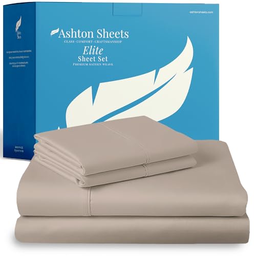 "Ashton Sheets 100% Egyptian Cotton Sheets Full Size - 800 Series Elite Collection Deep Pocket Sheet Set, Silky Soft Cooling Sateen Weave Luxury Hotel Sheet (4 PC, Taupe), Fits Mattress Upto 18"""