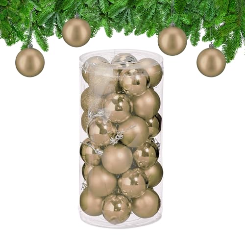 Relaxdays Christmas Bauble Set of 30, Glittery, Matt & Shiny Ornaments, Plastic Xmas Tree Balls, 7 x 6 cm, Champagne