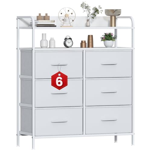 GoaHi Chest of Drawers, Dresser for Bedroom with 6 Fabric Drawers, Tall Storage Organizer Unit with 2 Layers Shelf for Bedrooms,Living Rooms, Sturdy Storage Dresser, White