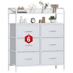 GoaHi Chest of Drawers, Dresser for Bedroom with 6 Fabric Drawers, Tall Storage Organizer Unit with 2 Layers Shelf for Bedrooms,Living Rooms, Sturdy Storage Dresser, White