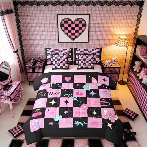 Erosebridal Girly Butterfly Knot Full Bed in A Bag 7 Piece Black Pink Plaid Bowknot Comforter Set with Sheets Flowers Geometric Bedding Sets for Kids Teens Women,Cute Chessboard Cherry Bed Set