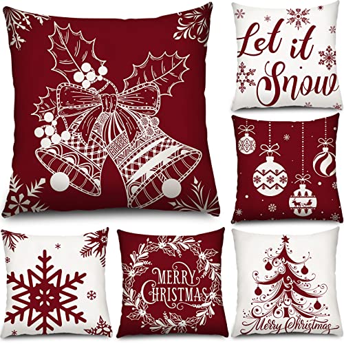 Tatuo 6 Pcs Xmas Pillow Covers Holiday,18 x 18 Inch,Warm Style - Snowflake Tree Bell Designs, Zipper Closure, For Sofa Bed Couch Living Room Bedroom Office Winter Seasonal Decorations