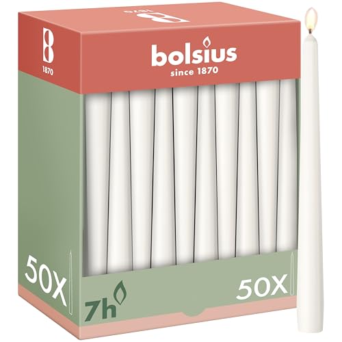 Bolsius Smooth Taper Candles - White - Pack of 50-24.5 cm - Decorative Household Candles - Burn Time 7 Hours - Unscented - Contains Natural Plant Wax - Without Palm Oil
