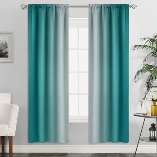 SimpleHome Ombre Rod Pocket Teal Curtains for Bedroom, 42Wx72L - Room Darkening Curtains for Bedroom,Gradient Light Blocking Curtain,Thermal Insulated Window Drapes,2 Panels,72 Inch