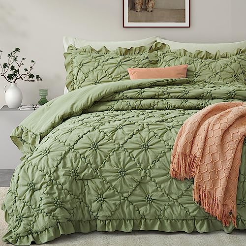 "BEDAZZLED Comforter Set King Size, 3 Pieces Bed in a Bag Pinch Pleat Exquisite Comforter, Boho Down-Alternative Bedding with Ruffled Shams All Season Available, Sage Green (102""*88"")"