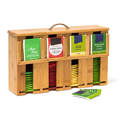 Relaxdays Bamboo Tea Dispenser, 22 x 33.5 x 10 cm, Standing Tea Box With Lid And Handle, 4 Compartments, Wooden, Brown