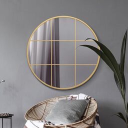 "MirrorOutlet The Circulus - Solid Gold Metal Framed Window Modern Round Circular Wall Mirror 39"" X 39"" (100CM X 100CM) Silver Mirror Glass with Black All weather Backing."