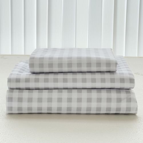 NSNLGSGC Light Grey Gingham Queen Sheet Set - Soft Brushed Microfiber, Light Grey Gingham, 4-Pieces, Deep Pocket