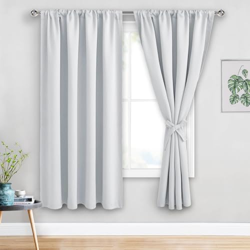 JIUZHEN Curtains for Bedroom - Thermal Insulated Room Darkening Noise Reducing, 52 x 63 Inch Blackout Curtains for Living Room, Light Blocking Drapes Set of 2 Panels with Tiebacks, Greyish White