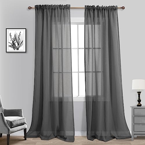 KOUFALL Dark Grey Sheer Curtains, 2 Panels, 84 Inches Length, Rod Pocket, Linen Look, for Living Room or Bedroom, Anthracite Grey