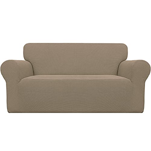 Easy-Going Stretch Loveseat Slipcover 1-Piece Sofa Cover Furniture Protector Couch Soft with Elastic Bottom for Kids Polyester Spandex Jacquard Fabric Small Checks(Loveseat, Natural)
