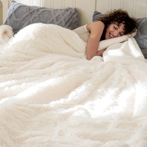 "PHF Luxury Fuzzy Faux Fur King Blanket, Soft Shaggy Plush Comfy Blanket, Warm Thick Fluffy for Couch, Bed, Chair, Sofa, Furry Elegant Throw for Home Decor, Cream, 108"" x 90"""