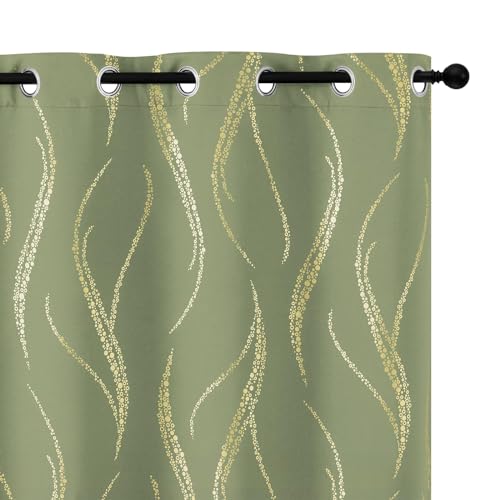 Yakamok Light Blocking Curtains 72 Inches- Gold Wave Line Dots Print Grommet Drapes, Room Darkening Curtain, Window Panels for Living Room/Bedroom (52W x 72L Inch, Set of 2, Sage)