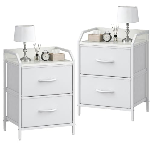 Feonase Bedside Tables Set of 2, Bedside Table with 2 Storage Fabric Drawers, Sturdy Metal Frame,Bed Side Table for Bedroom & Living Room Modern, White