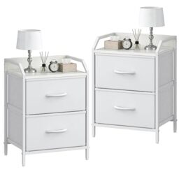 Feonase Bedside Tables Set of 2, Bedside Table with 2 Storage Fabric Drawers, Sturdy Metal Frame,Bed Side Table for Bedroom & Living Room Modern, White
