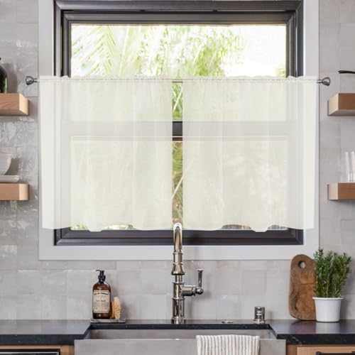 youleyar Solid Sheer Rod Pocket Curtain Voile Draperies 2 Panels White Beige Black Ivory Coffee 26 Inch Width 24 Inch Long 1 Pair for Kitchen Bedroom Children Living Room Yard(Ivory,26W???24L)