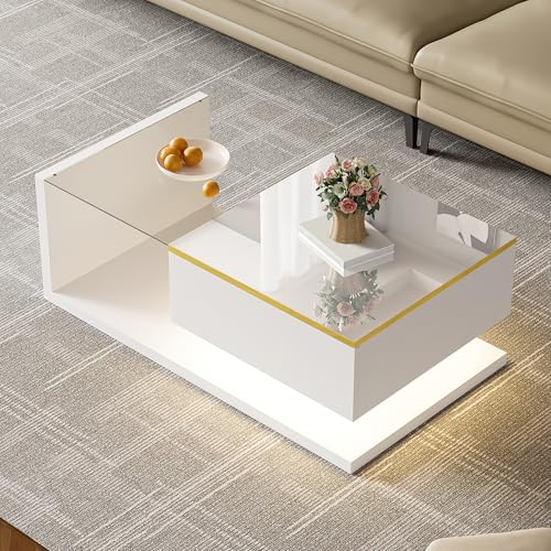 Ball & Cast Coffee Table with Storage, High Gloss Coffee Table with Glass and LED, Rectangle, Modern, with Drawer for Living Room, White