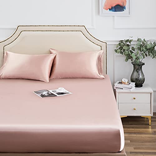 Satin Fitted Sheet, Full Fitted Sheet Only, 1 - Piece Ultra Soft Deep Pocket Single Silk Bottom Bed Sheet Full - Old Rose