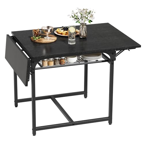 YITAHOME Folding Dining Table, Extendable Drop Leaf Table with Storage Rack and 4 Adjustable Legs, Seats 2-6 People, 120 x 78 x 75cm, Black