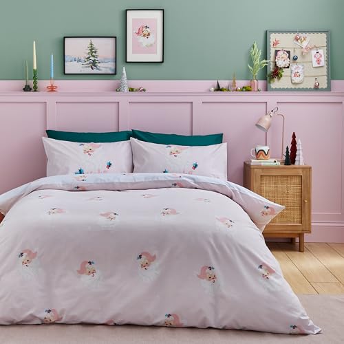 Catherine Lansfield Vintage Christmas Santa Reversible Double Duvet Cover Set with Pillowcases Pink