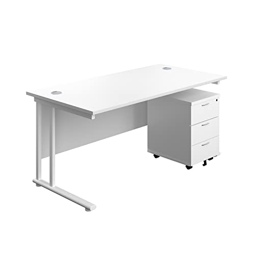 Office Hippo Heavy Duty Rectangular Cantilever Office Desk, Home Office Desk With 3 Drawer Lockable Mobile Pedestal Cabinet, File Cabinet, 5 Yr Wty, White Frame, White, 180 x 80 cm