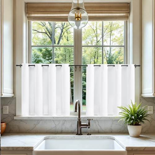 LIMON HOME White Blackout Cafe Curtains 36 Inch Length for Kitchen, Soundproof Window Treatment Black Out Half Curtains for Small Winow, Set of 2 Panels