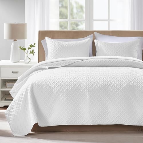 FLYMME White King Quilt Bedspreads, 3 Pieces Lightweight Bedding Sets with Pillow Shams, Microfiber Quilted Comforter Coverlet for All Season (1 Quilt, 2 Shams)