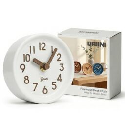 Driini Wooden Analog Desktop Clock – 4.3 in. Decorative Pinewood Clock, No-Tick Design – Easy to Read Silent Sweep Mantle Clock – Quiet Tabletop Clocks with Wood Body, Hands, & Battery Cover White