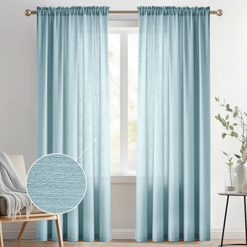 "Melodieux Light Blue Semi Sheer Curtains - 96 Inches Long for Living Room, Patio, Farmhouse, Faux Linen Texture Rod Pocket Draps, Light Filtering Cute Shiny Sheer Curtains, 52"" W x 96"" L, 2 Panels"