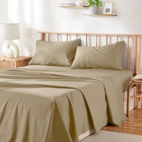 Hearth & Harbor 4 Piece King Sheet Set - 60% Microfiber, 40% Rayon Derived From Bamboo Sheets King Size Bed Set - Breathable King Sheets Fits Up to 16'' Deep Pocket - Warm Sand