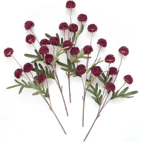 Floroom 5pcs Burgundy Faux Silk Mums Artificial Flowers, Bulk Fake Small Mini Chrysanthemums with Stems for DIY Wedding Centerpieces Floral Arrangements Vase Fillers Home Decorations