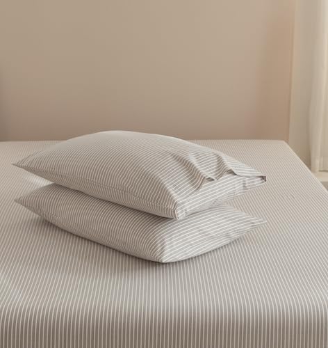 JIYUAN 100% Washed Cotton Striped Pillowcases Set Envelope Closure Pack of 2, Linen Like Comfy and Breathable Textured Durable Bedding for All Seasons, Queen Size,Pinstripes-Taupe White