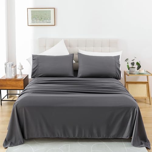 Full Size Sheet Set, 4 Piece Soft Bed Sheets, Deep Pockets - Breathable and Cooling Microfiber, Wrinkle Free, Hotel Luxury Bed Sheet for Women & Men, Oeko-Tex, Dark Grey