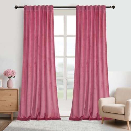 Roslynwood Luxury Soft Candy Pink Velvet Curtains 72 inches Long Back Tab Thermal Insulated Blackout Window Drapes for Living Room/Bedroom/Dining Room, W52 x L72, 2 Panels