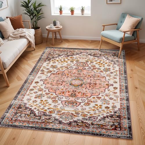 Livabliss Celia Bray Vintage Design – Living Room Bedroom 140x200 cm, Scandi Neutral Look, Traditional Patterned Boho Style, Natural Easy Care Pile, Brick Red White