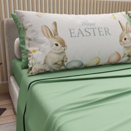 PETTI Artigiani Italiani - Easter Cotton Sheets with Pillowcases in Digital Print, Double Bedsheets, Easter Double Bed Set, 13 Sage, Made in Italy